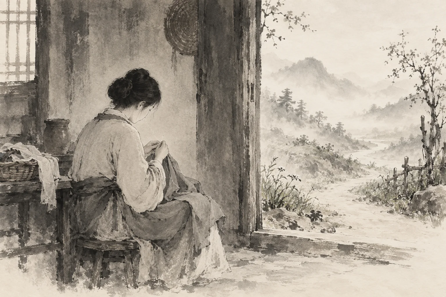 母親低頭縫衣，門外小徑通向遠山，春草生在門邊。