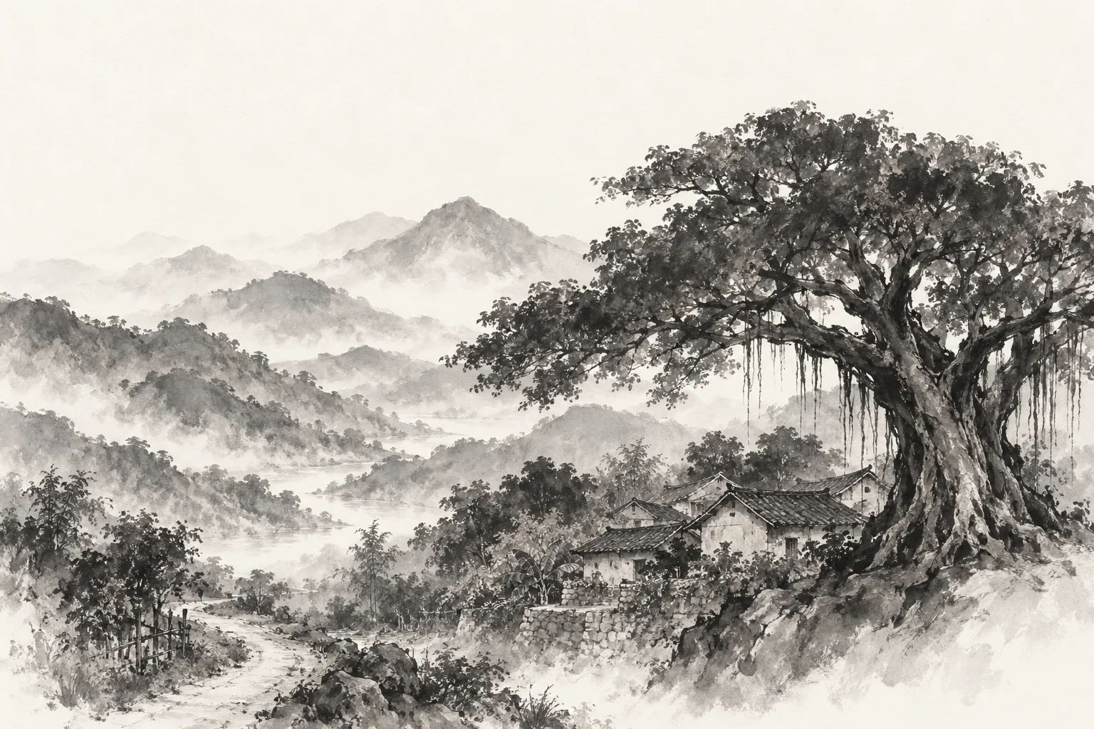 榕樹與瓦屋依傍山巒的水墨想像風景