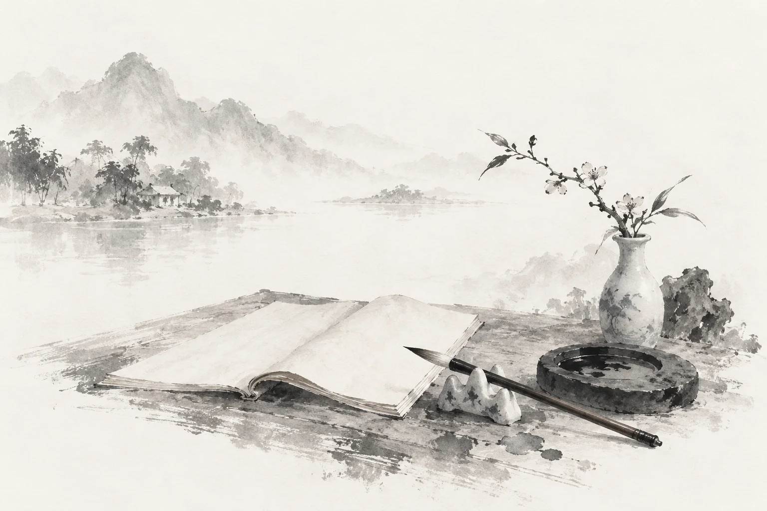 毛筆、硯臺與翻開的書冊，以淡墨描繪的書案